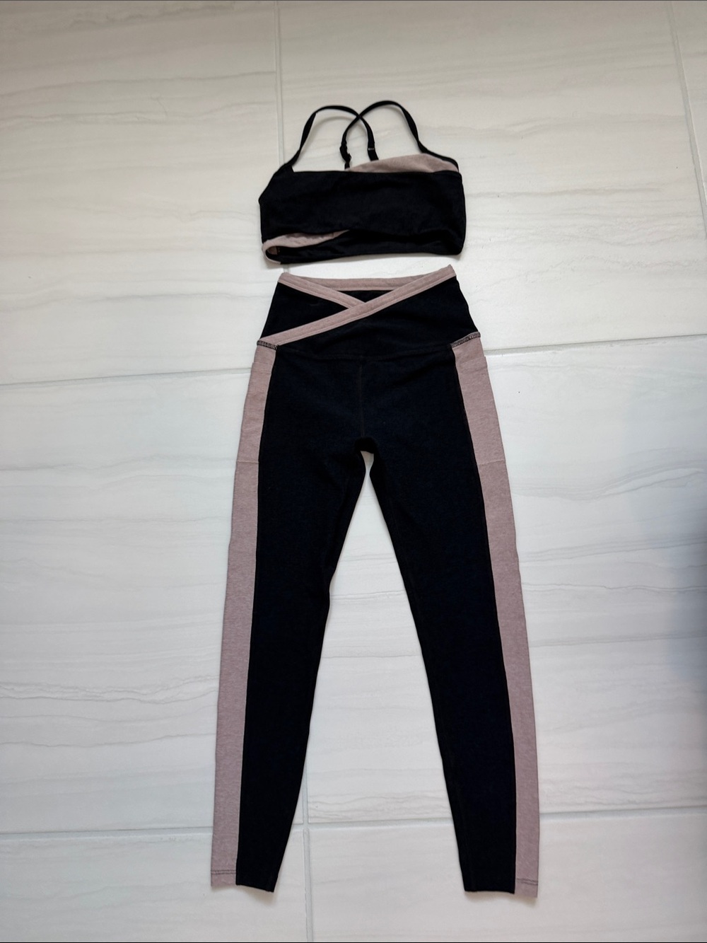 Beyond Yoga Black & Taupe High-Waist Colorblock Leggings with Cross-Front Waist